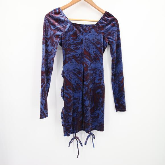 Wild Fable Dress Blue Purple Velvet Long Sleeve Ruched Square Neck Mini Size XS - Picture 10 of 10